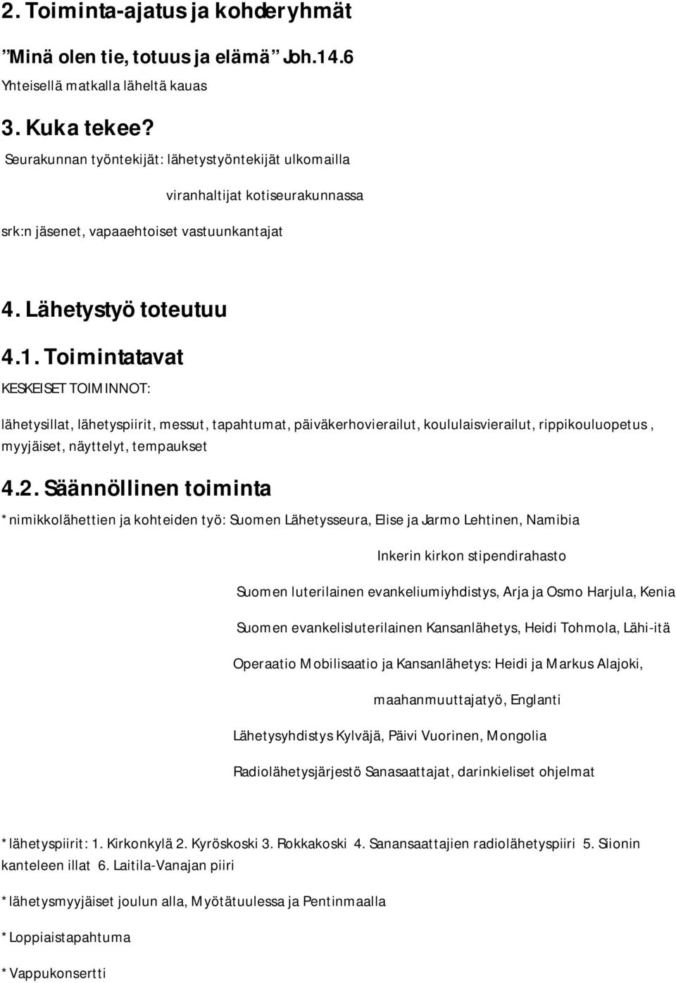 Toimintatavat KESKEISET TOIMINNOT: lähetysillat, lähetyspiirit, messut, tapahtumat, päiväkerhovierailut, koululaisvierailut, rippikouluopetus, myyjäiset, näyttelyt, tempaukset 4.2.