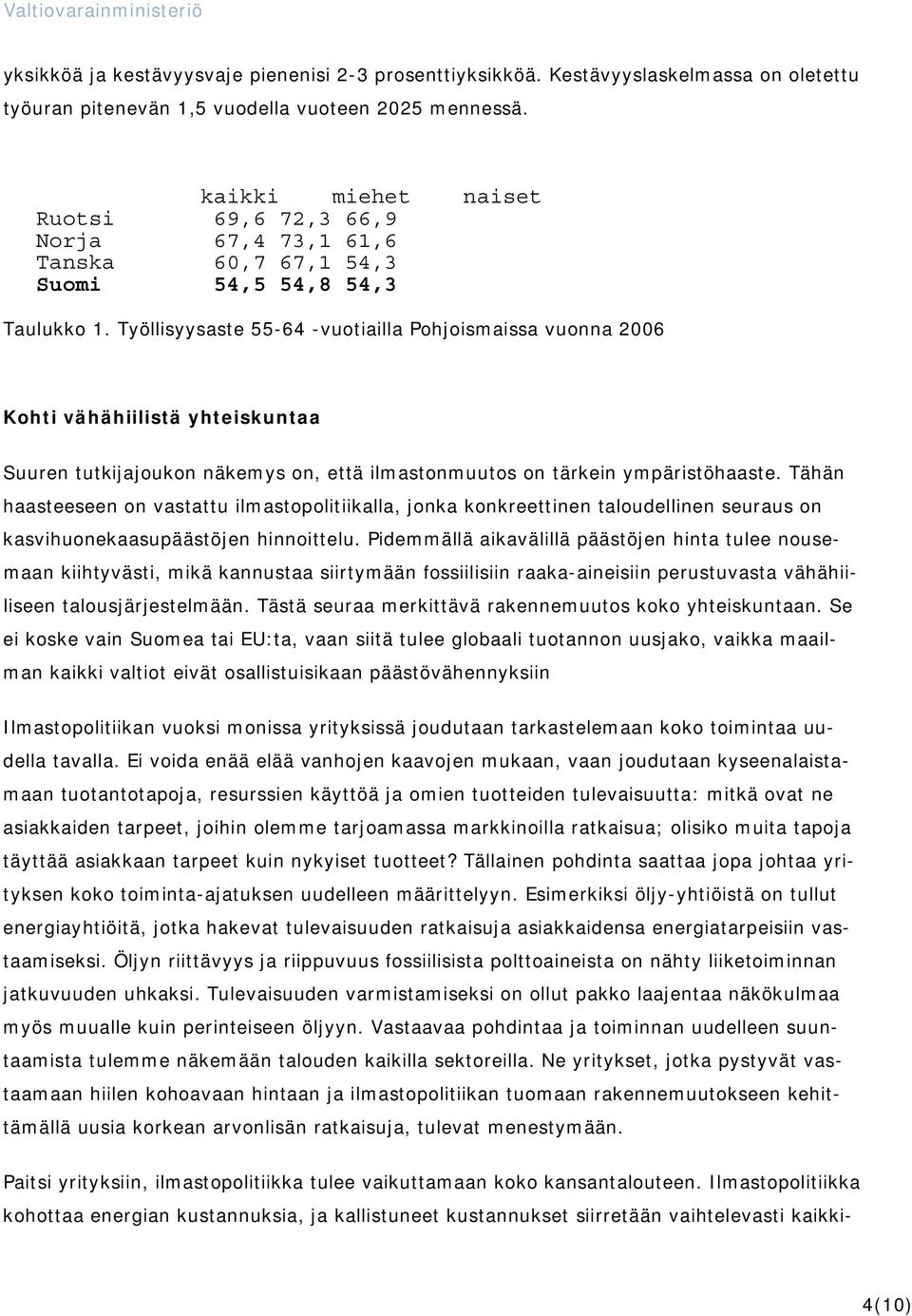 Työllisyysaste 55-64 -vuotiailla Pohjoismaissa vuonna 2006 Kohti vähähiilistä yhteiskuntaa Suuren tutkijajoukon näkemys on, että ilmastonmuutos on tärkein ympäristöhaaste.