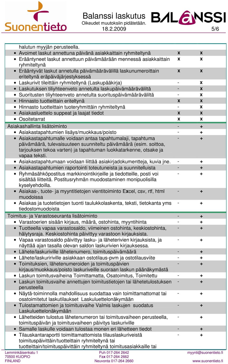 laskunumeroittain eriteltynä eräpäiväjärjestyksessä Laskurivit tileittäin ryhmiteltynä (Laskupääkirja) - x Laskutuksen tiliyhteenveto annetulta laskupäivämääräväliltä - x Suoritusten tiliyhteenveto