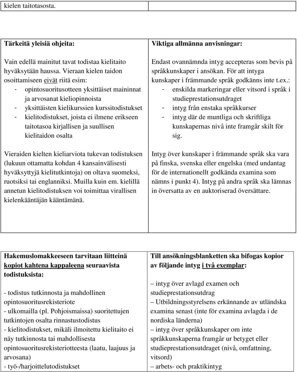 joista ei ilmene erikseen taitotasoa kirjallisen ja suullisen kielitaidon osalta Vieraiden kielten kieliarviota tukevan todistuksen (lukuun ottamatta kohdan 4 kansainvälisesti hyväksyttyjä