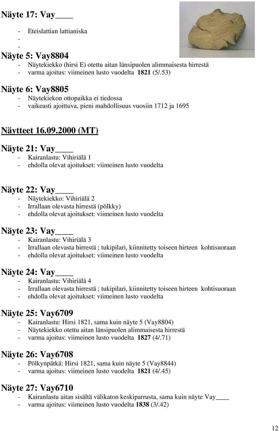 2000 (MT) Näyte 21: Vay - Kairanlastu: Vihiriälä 1 - ehdolla olevat ajoitukset: viimeinen lusto vuodelta Näyte 22: Vay - Näytekiekko: Vihiriälä 2 - Irrallaan olevasta hirrestä (pölkky) - ehdolla