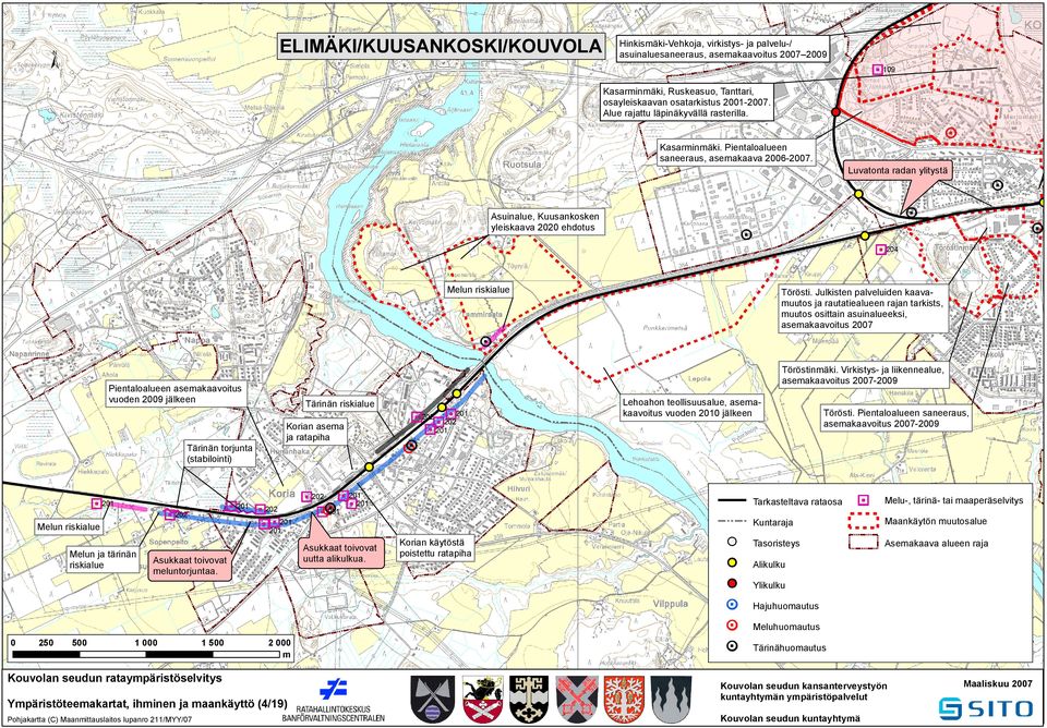 Luvatonta radan ylitystä Asuinalue, Kuusanosen yleisaava ehdotus Tärinän risialue Korian asea ja ratapiha Tärinän torjunta stabilointi) Melun ja tärinän risialue 2 1 Lehoahon teollisuusalue,