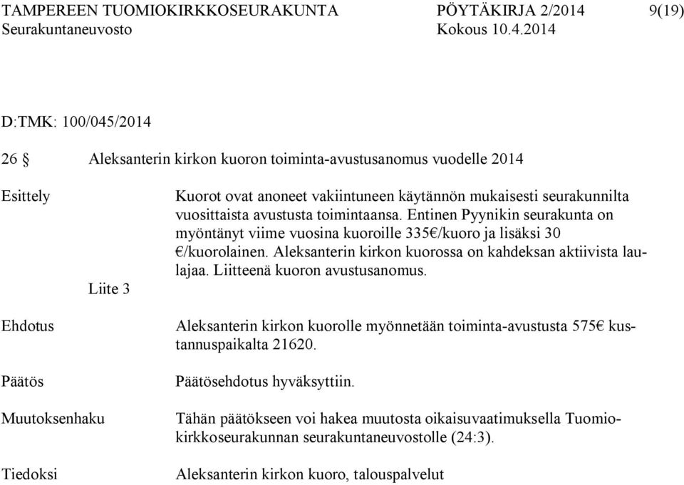 Entinen Pyynikin seurakunta on myöntänyt viime vuosina kuoroille 335 /kuoro ja lisäksi 30 /kuorolainen. Aleksanterin kirkon kuorossa on kahdeksan aktiivista laulajaa.