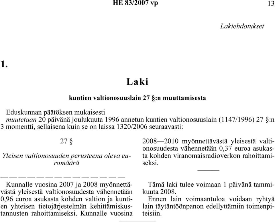 se on laissa 1320/2006 seuraavasti: 27 Yleisen valtionosuuden perusteena oleva euromäärä Kunnalle vuosina 2007 ja 2008 myönnettävästä yleisestä valtionosuudesta vähennetään 0,96 euroa asukasta kohden