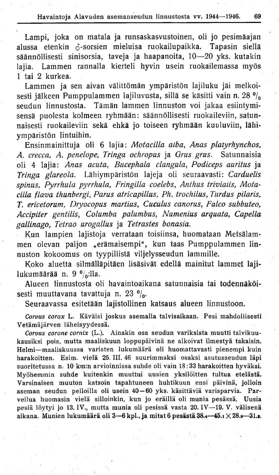 Lammen ja sen aivan välittömän ympäristön lajiluku jäi melkoisesti jälkeen Pumppulammen lajiluvusta, sillä se käsitti vain n. 28 / o seudun linnustosta.