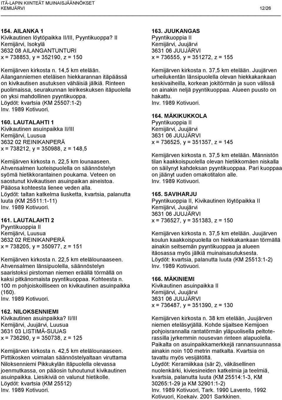 Löydöt: kvartsia (KM 25507:1-2) 160. LAUTALAHTI 1 x = 738212, y = 350988, z = 148,5 Kemijärven kirkosta n. 22,5 km lounaaseen.