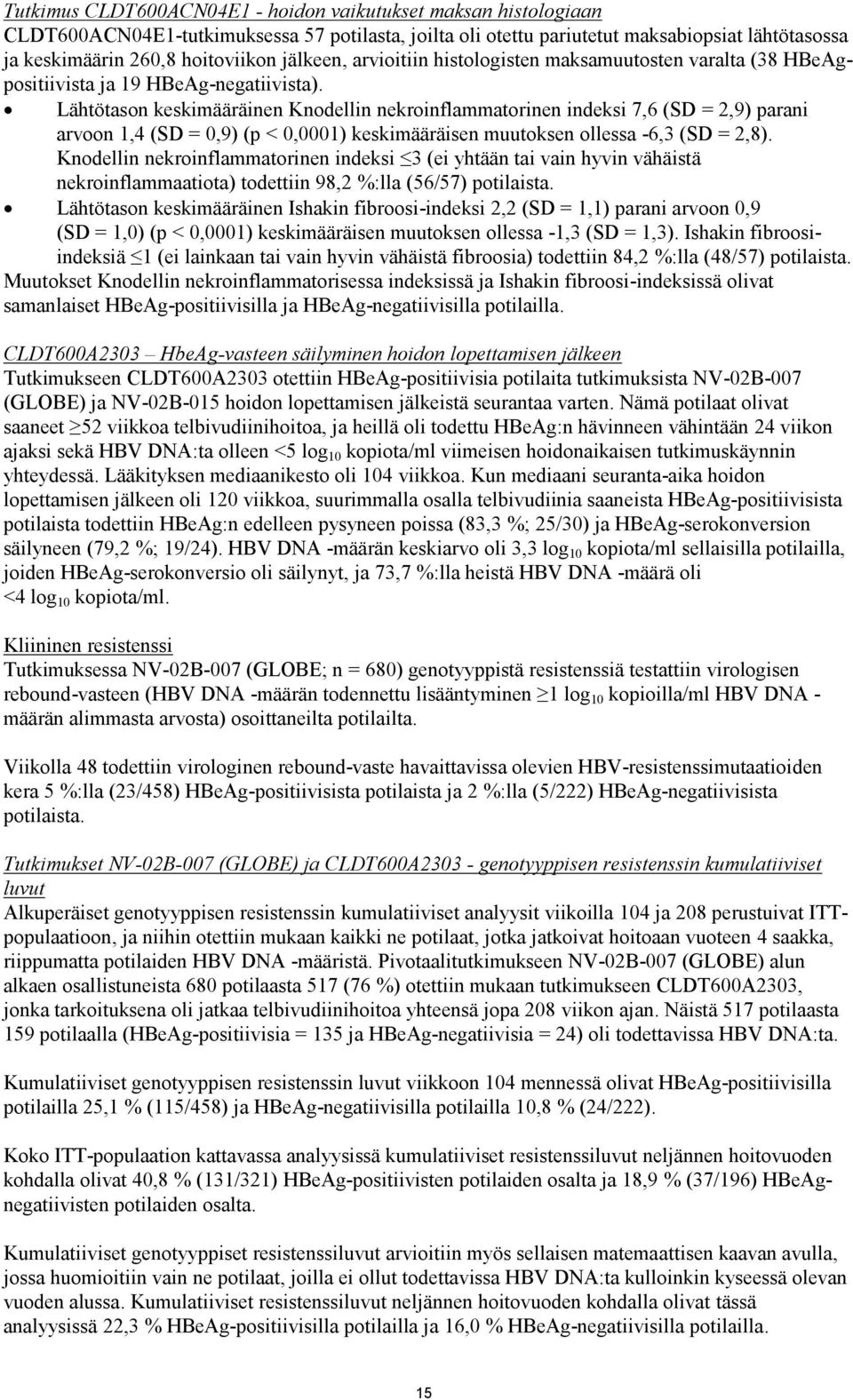 Lähtötason keskimääräinen Knodellin nekroinflammatorinen indeksi 7,6 (SD = 2,9) parani arvoon 1,4 (SD = 0,9) (p < 0,0001) keskimääräisen muutoksen ollessa -6,3 (SD = 2,8).