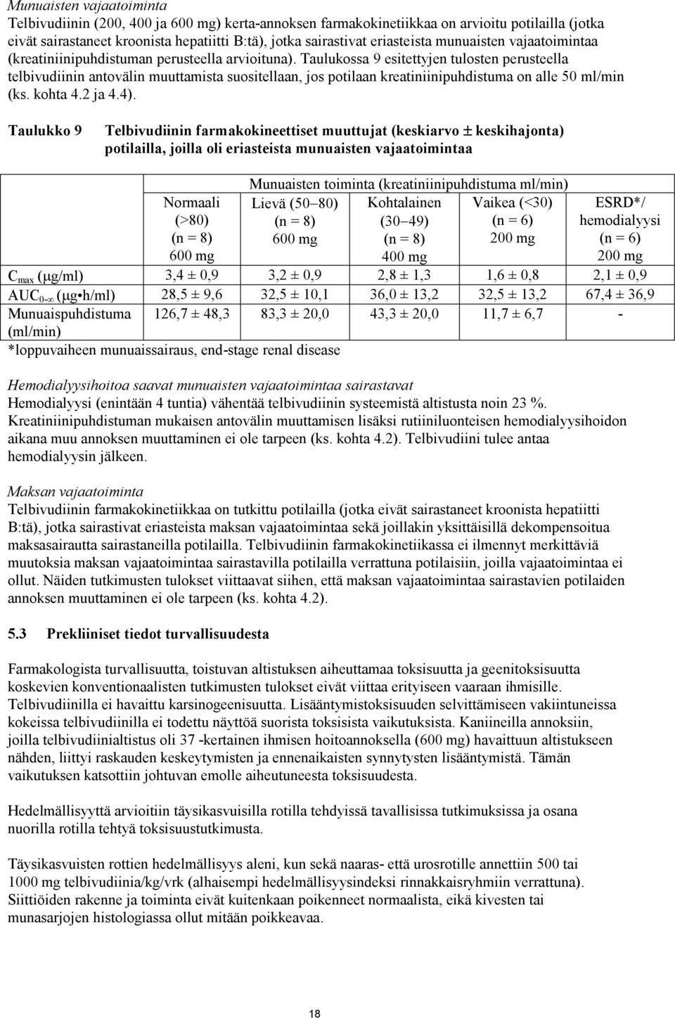 Taulukossa 9 esitettyjen tulosten perusteella telbivudiinin antovälin muuttamista suositellaan, jos potilaan kreatiniinipuhdistuma on alle 50 ml/min (ks. kohta 4.2 ja 4.4).