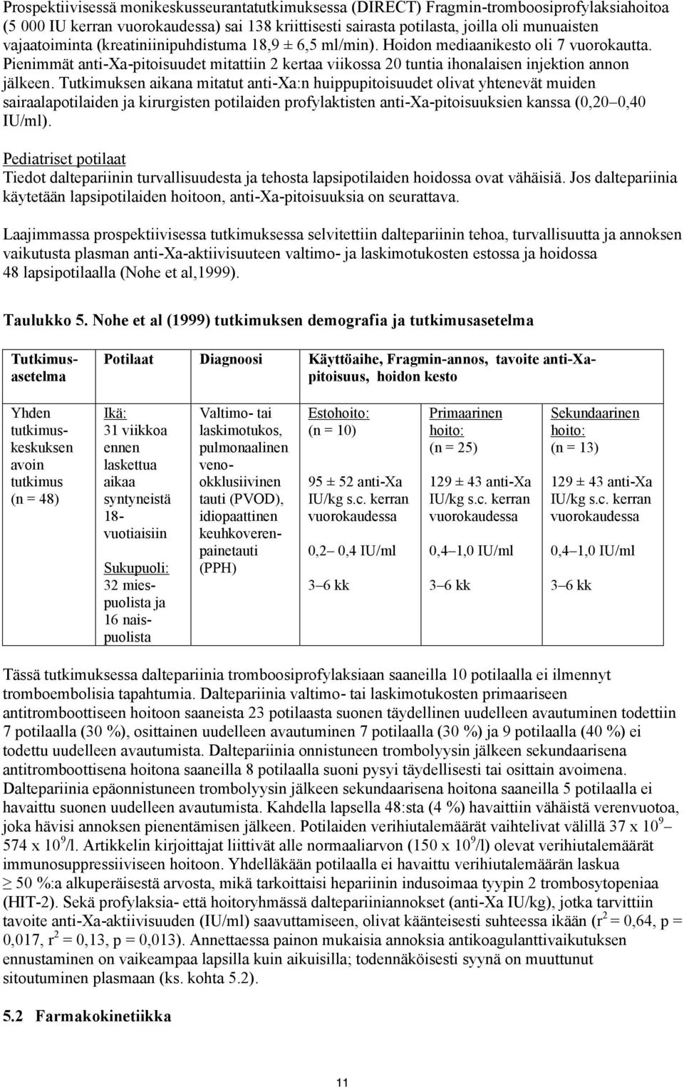 Pienimmät anti-xa-pitoisuudet mitattiin 2 kertaa viikossa 20 tuntia ihonalaisen injektion annon jälkeen.