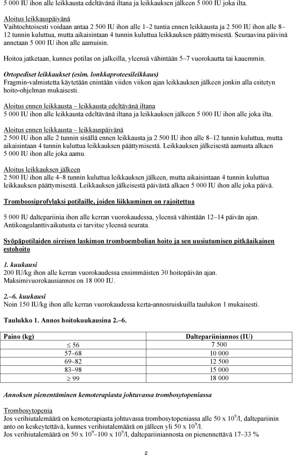 päättymisestä. Seuraavina päivinä annetaan 5 000 IU ihon alle aamuisin. Hoitoa jatketaan, kunnes potilas on jalkeilla, yleensä vähintään 5 7 vuorokautta tai kauemmin. Ortopediset leikkaukset (esim.