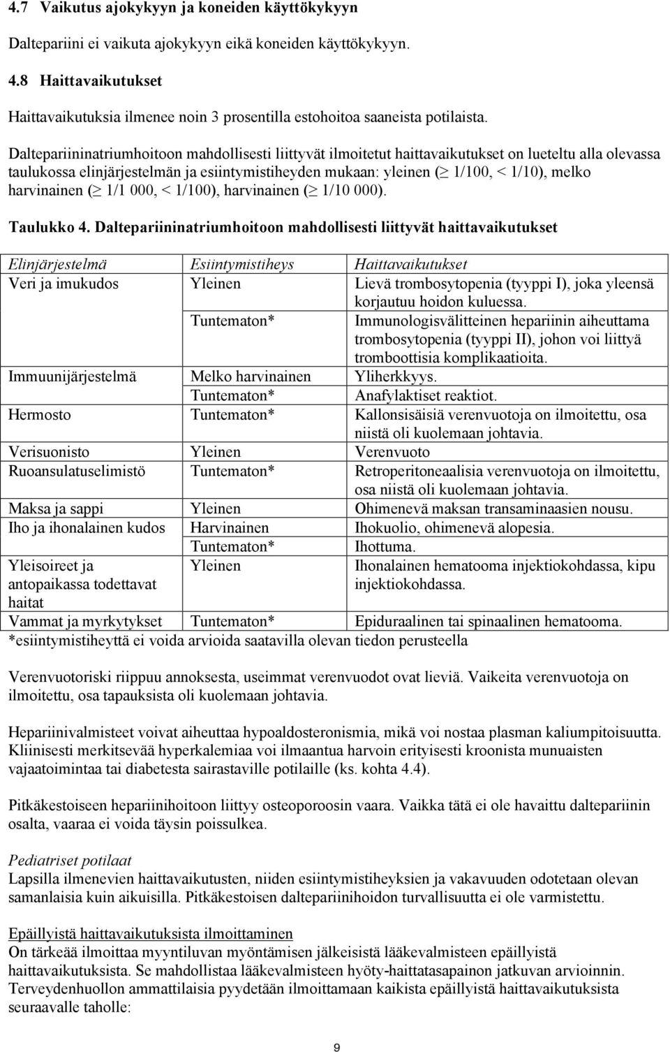 Daltepariininatriumhoitoon mahdollisesti liittyvät ilmoitetut haittavaikutukset on lueteltu alla olevassa taulukossa elinjärjestelmän ja esiintymistiheyden mukaan: yleinen ( 1/100, < 1/10), melko