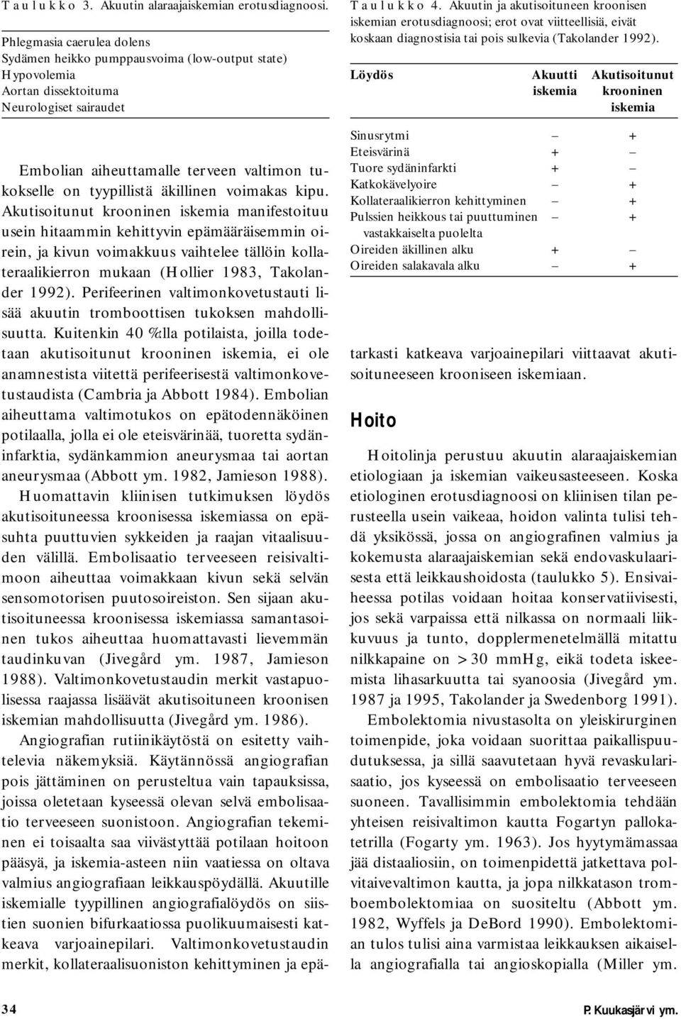 Akuutin ja akutisoituneen kroonisen iskemian erotusdiagnoosi; erot ovat viitteellisiä, eivät koskaan diagnostisia tai pois sulkevia (Takolander 1992).