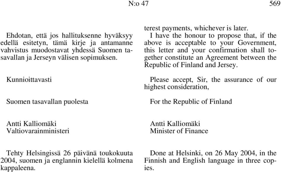 I have the honour to propose that, if the above is acceptable to your Government, this letter and your confirmation shall together constitute an Agreement between the Republic of Finland and Jersey.
