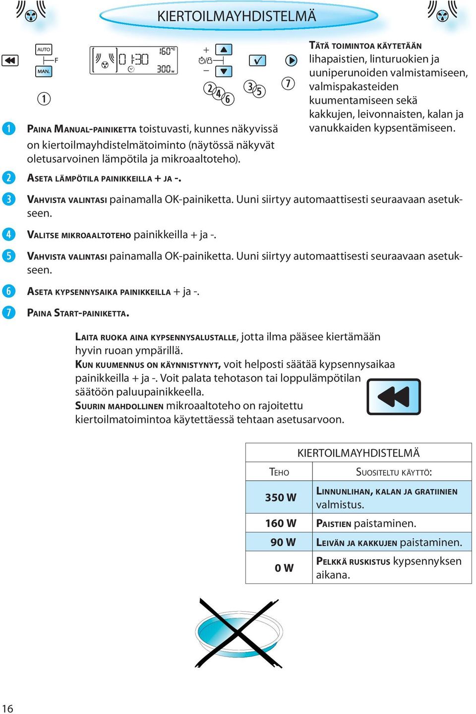 VAHVISTA VALINTASI painamalla OK-painiketta. Uuni siirtyy automaattisesti seuraavaan asetukseen. ASETA KYPSENNYSAIKA PAINIKKEILLA + ja -. PAINA START-PAINIKETTA.