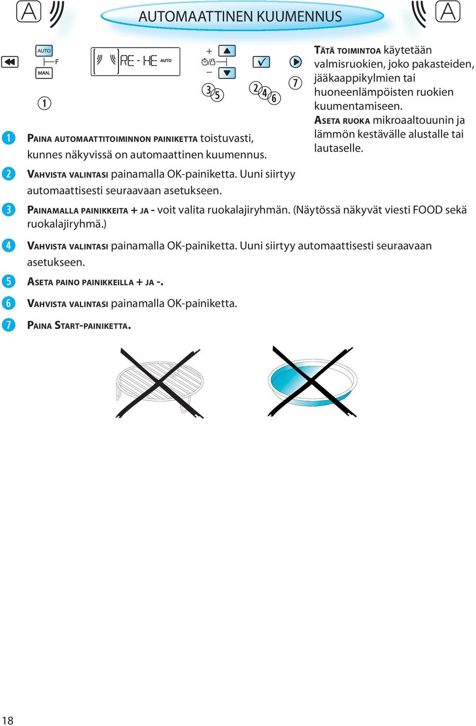 ) VAHVISTA VALINTASI painamalla OK-painiketta. Uuni siirtyy automaattisesti seuraavaan asetukseen. ASETA PAINO PAINIKKEILLA + JA -. VAHVISTA VALINTASI painamalla OK-painiketta. PAINA START-PAINIKETTA.