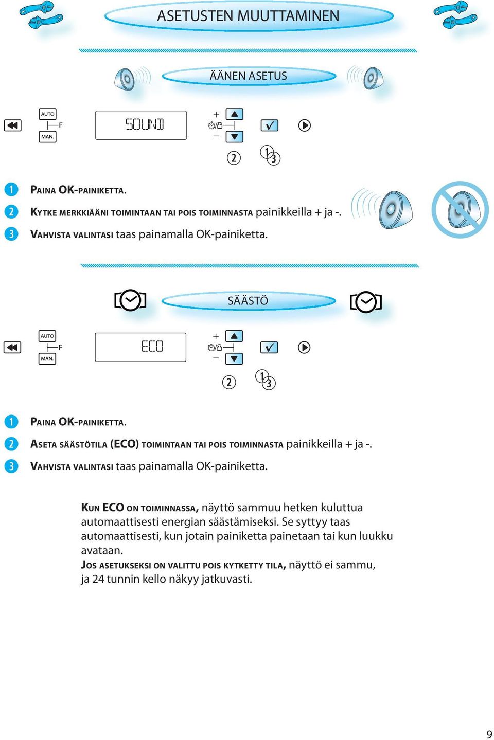 VAHVISTA VALINTASI taas painamalla OK-painiketta. KUN ECO ON TOIMINNASSA, näyttö sammuu hetken kuluttua automaattisesti energian säästämiseksi.