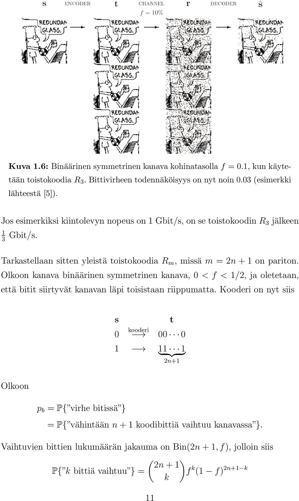 Olkoon kanava binäärinen symmetrinen kanava, 0 < f < /2, ja oletetaan, että bitit siirtyvät kanavan läpi toisistaan riippumatta.