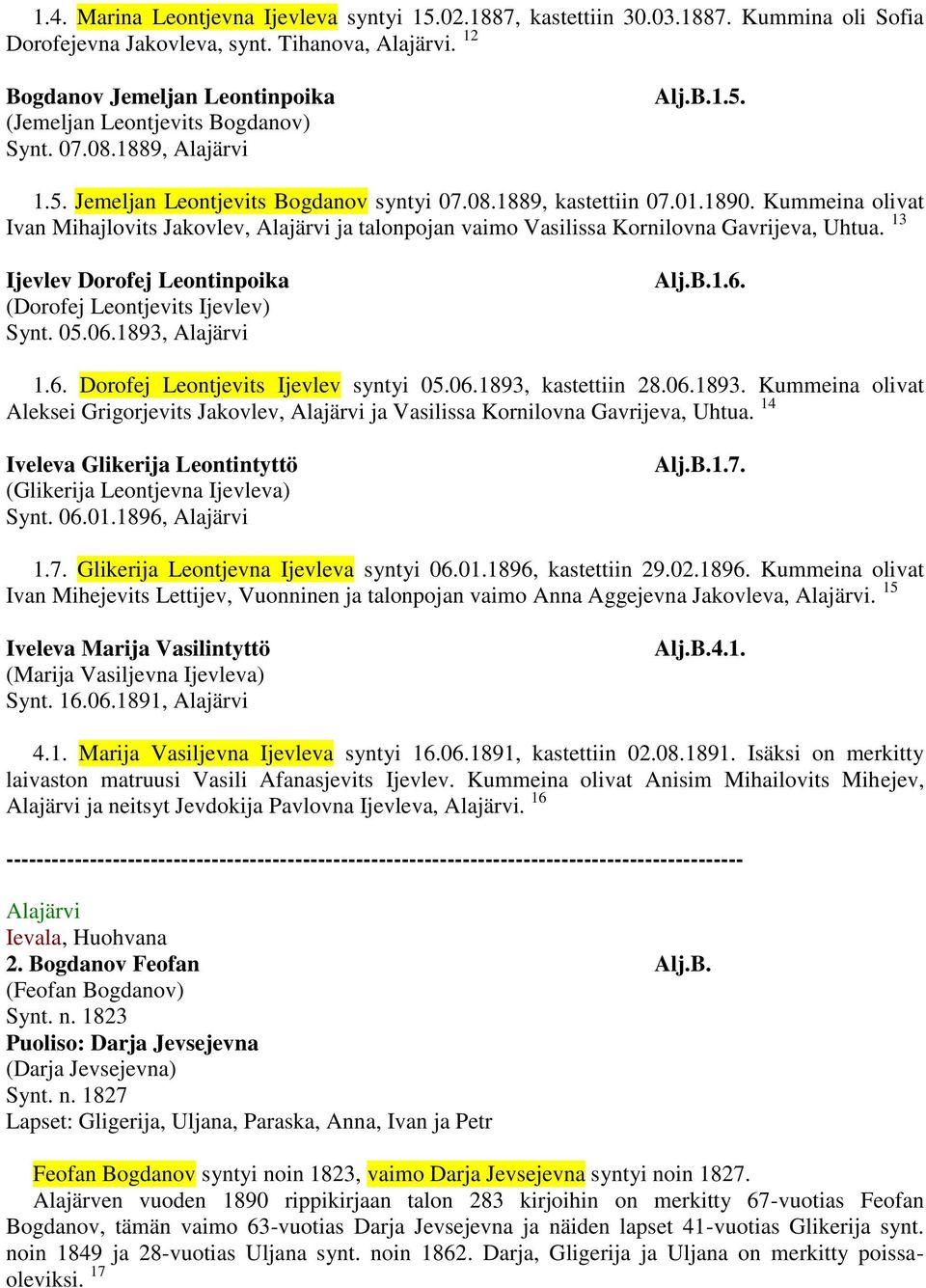 Kummeina olivat Ivan Mihajlovits Jakovlev, Alajärvi ja talonpojan vaimo Vasilissa Kornilovna Gavrijeva, Uhtua. 13 Ijevlev Dorofej Leontinpoika (Dorofej Leontjevits Ijevlev) Synt. 05.06.