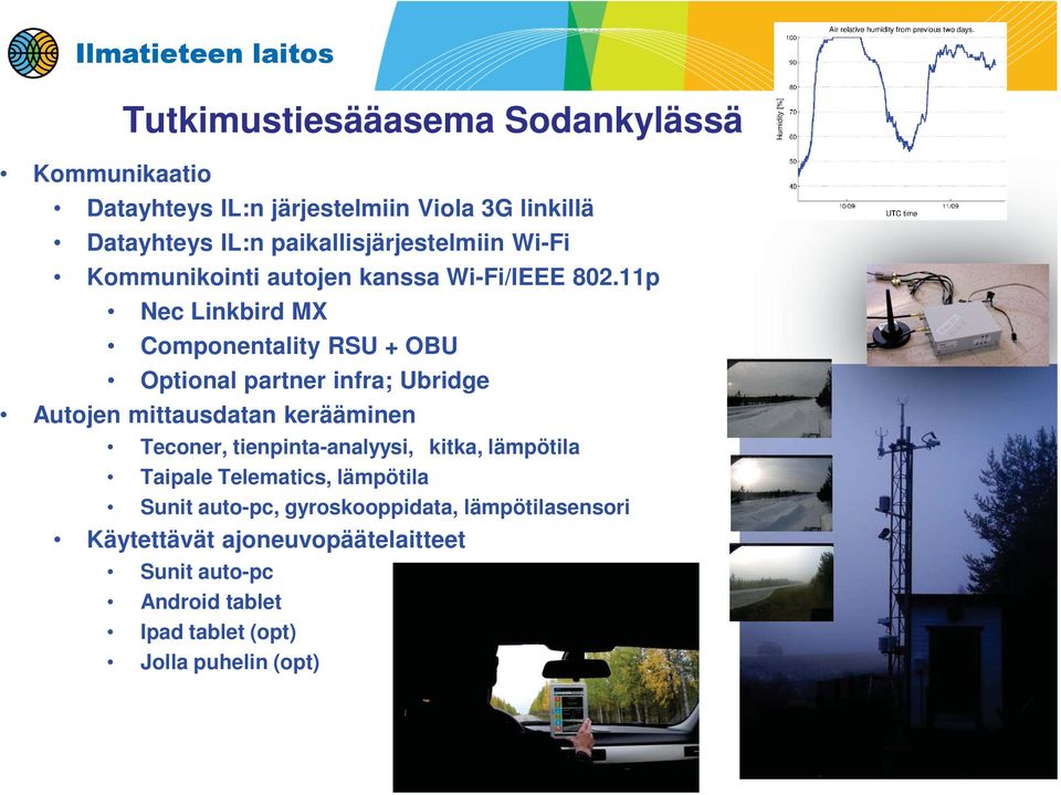 11p Nec Linkbird MX Componentality RSU + OBU Optional partner infra; Ubridge Autojen mittausdatan kerääminen Teconer,