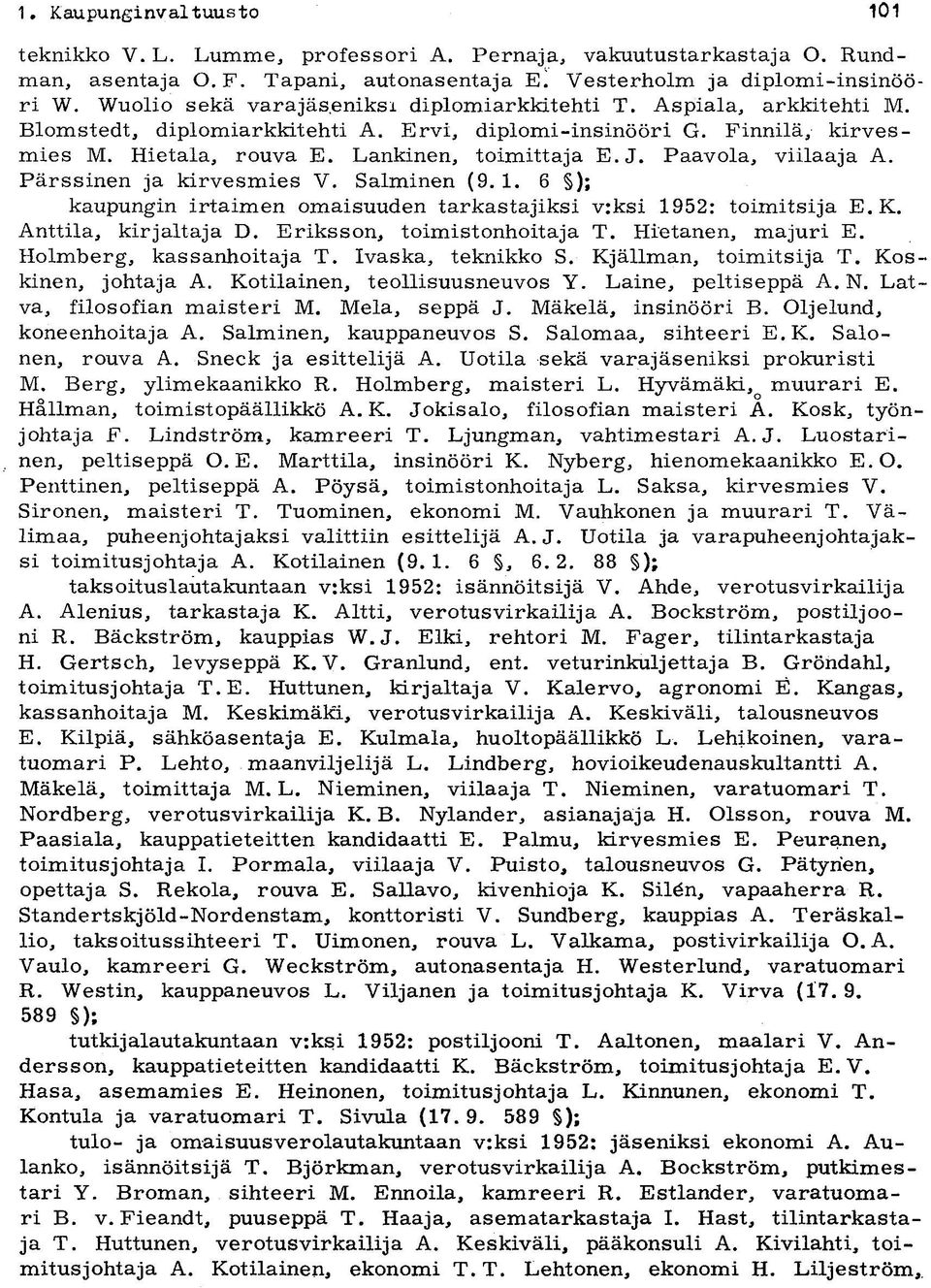 Paavola, viilaaja A. Pärssinen ja kirvesmies V. Salminen (9. 1. 6 ); kaupungin irtaimen omaisuuden tarkastajiksi v:ksi 1952: toimitsija E. K. Anttila, kirjaltaja D. Eriksson, toimistonhoitaja T.