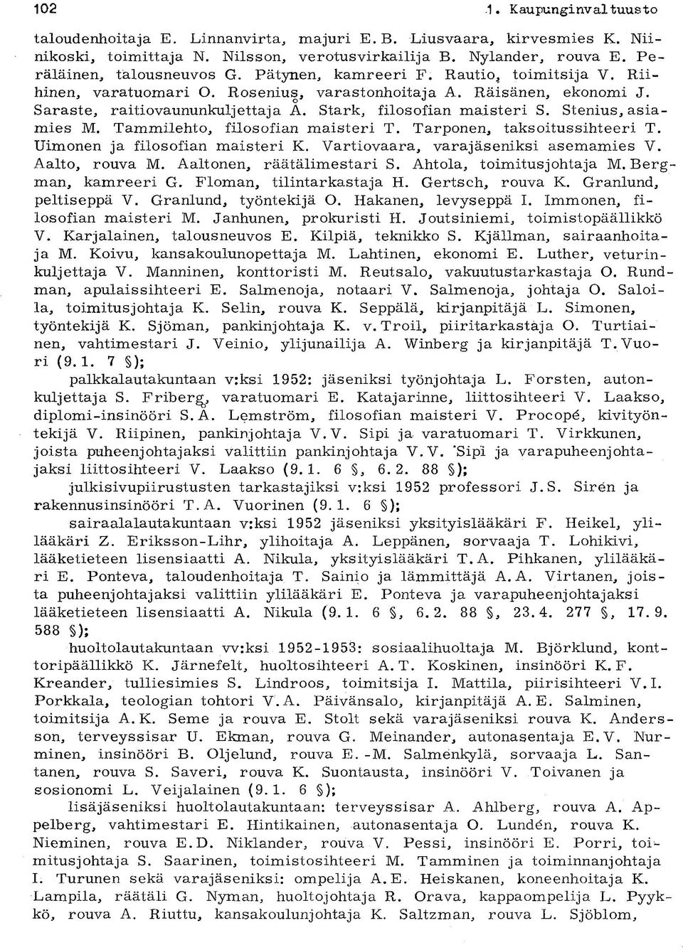 Stenius, asiamies M. Tammilehto, filosofian maisteri T. Tarponen, taksoitussihteeri T. Uimonen ja filosofian maisteri K. Vartiovaara, varajäseniksi asemamies V. Aalto, rouva M.
