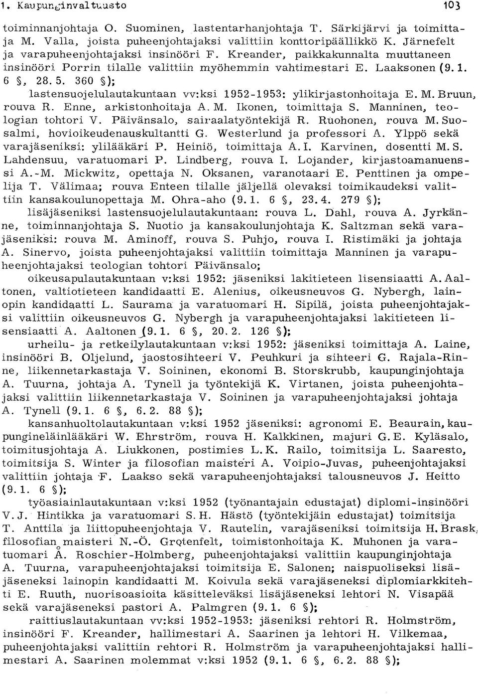 360 ); lastensuojelulautakuntaan vv:ksi 1952-1953: ylikirjastonhoitaja E.M.Bruun, rouva R. Enne, arkistonhoitaja A. M. Ikonen, toimittaja S. Manninen, teologian tohtori V.