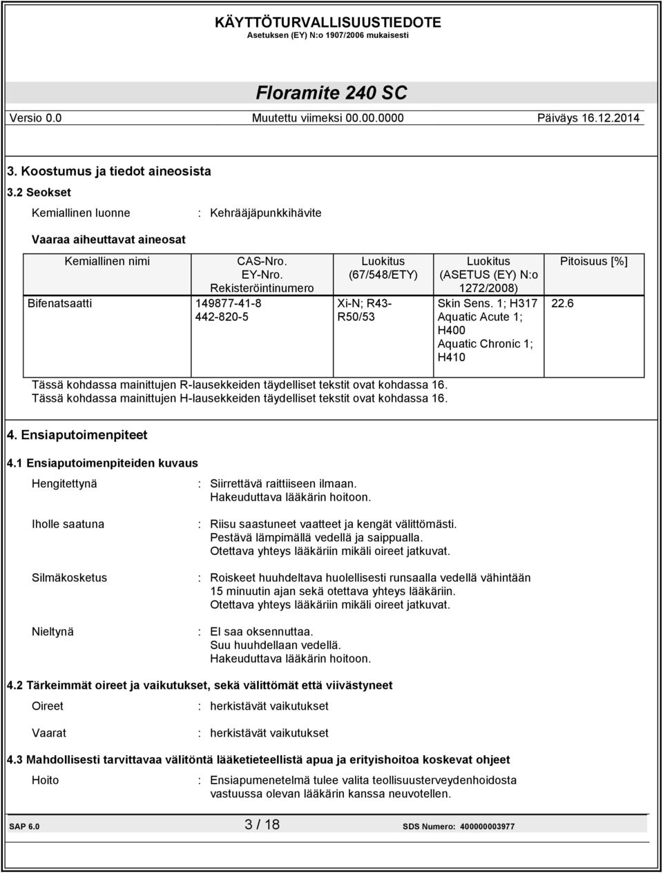 1; H317 Aquatic Acute 1; H400 Aquatic Chronic 1; H410 Pitoisuus [%] 22.6 Tässä kohdassa mainittujen R-lausekkeiden täydelliset tekstit ovat kohdassa 16.