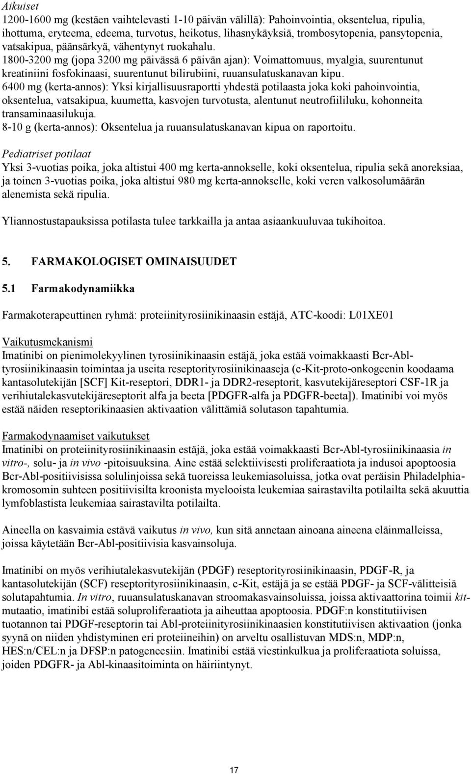 1800-3200 mg (jopa 3200 mg päivässä 6 päivän ajan): Voimattomuus, myalgia, suurentunut kreatiniini fosfokinaasi, suurentunut bilirubiini, ruuansulatuskanavan kipu.