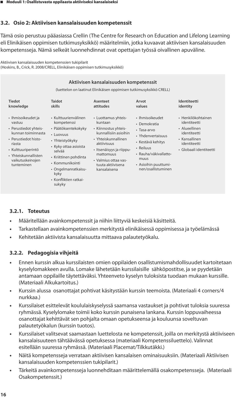 Aktiivisen kansalaisuuden kompetenssien tukipilarit (Hoskins, B., Crick, R.