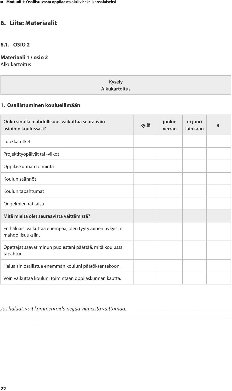 kyllä jonkin verran ei juuri lainkaan ei Luokkaretket Projektityöpäivät tai -viikot Oppilaskunnan toiminta Koulun säännöt Koulun tapahtumat Ongelmien ratkaisu Mitä mieltä olet