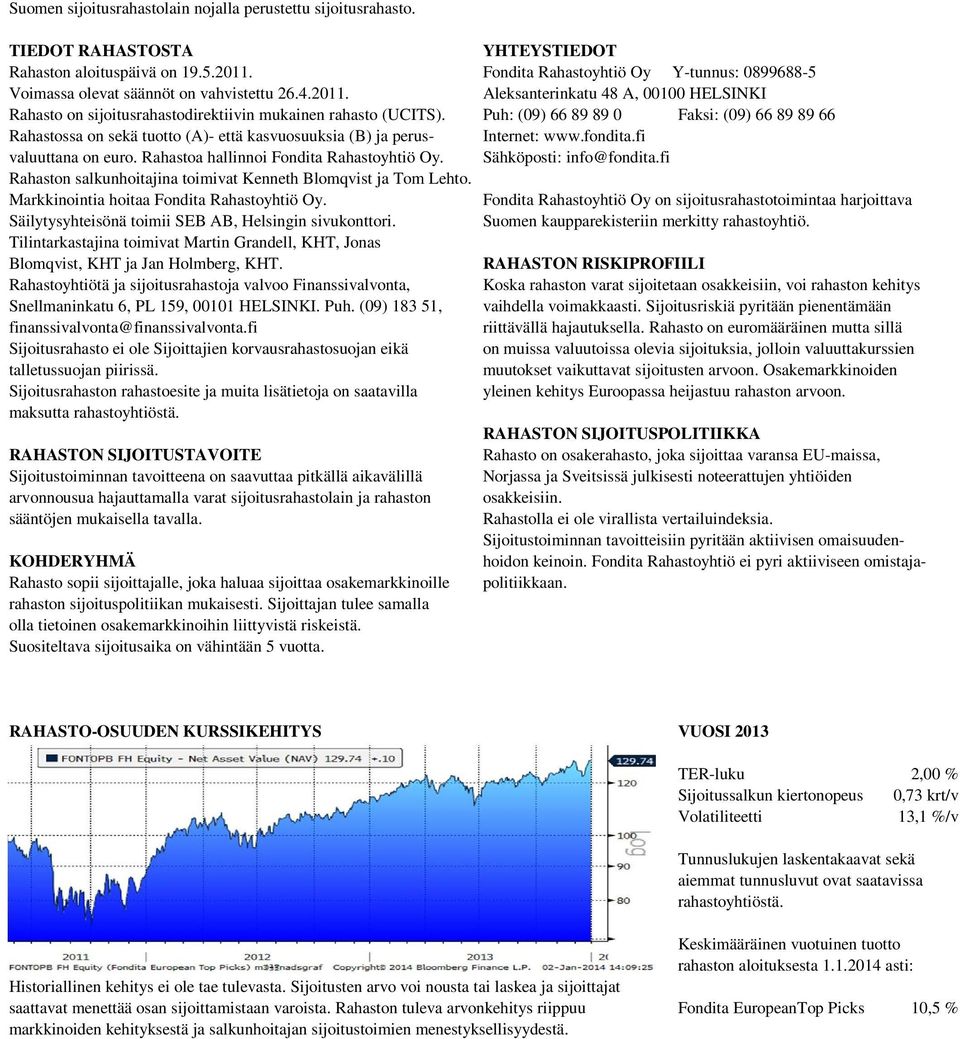 Puh: (09) 66 89 89 0 Faksi: (09) 66 89 89 66 Rahastossa on sekä tuotto (A)- että kasvuosuuksia (B) ja perus- Internet: www.fondita.fi valuuttana on euro. Rahastoa hallinnoi Fondita Rahastoyhtiö Oy.