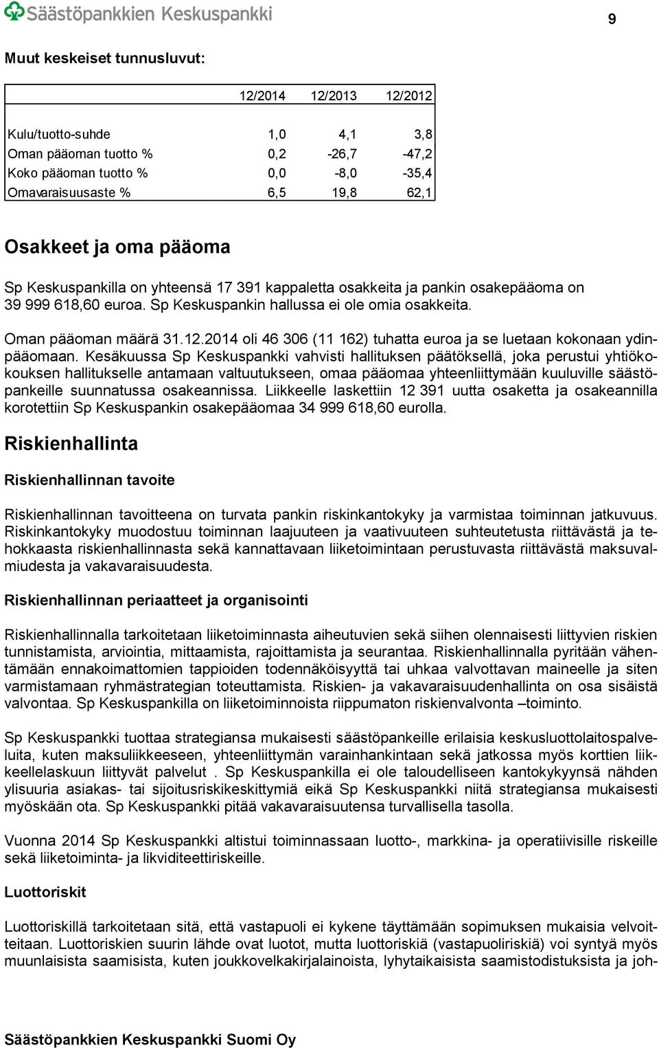 2014 oli 46 306 (11 162) tuhatta euroa ja se luetaan kokonaan ydinpääomaan.