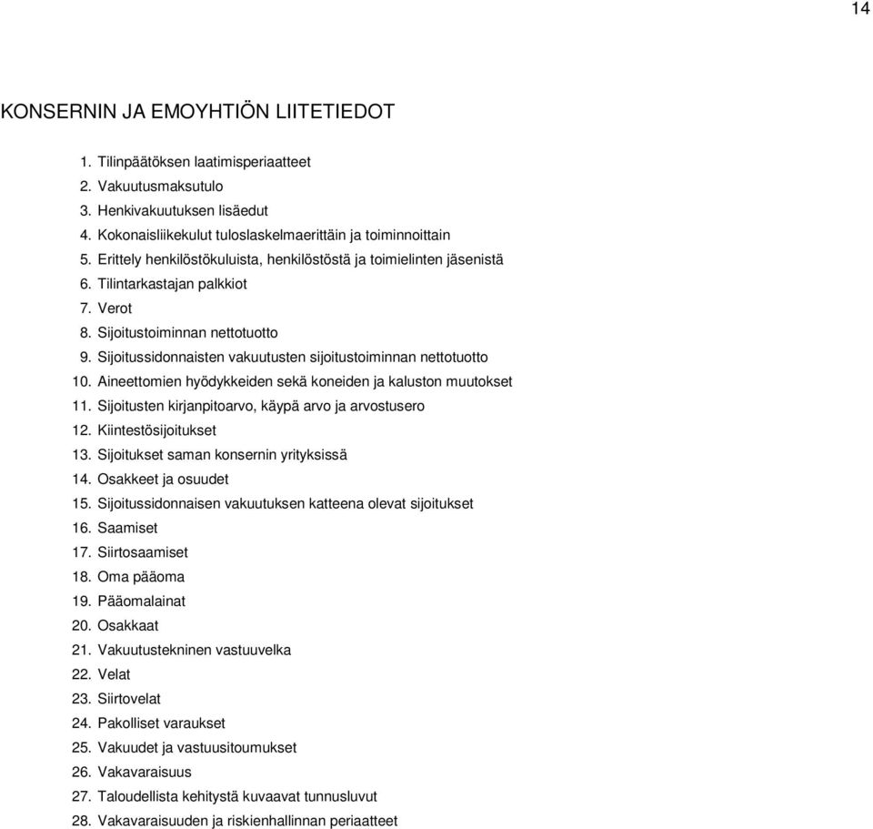 Sijoitussidonnaisten vakuutusten sijoitustoiminnan nettotuotto 10. Aineettomien hyödykkeiden sekä koneiden ja kaluston muutokset 11. Sijoitusten kirjanpitoarvo, käypä arvo ja arvostusero 12.