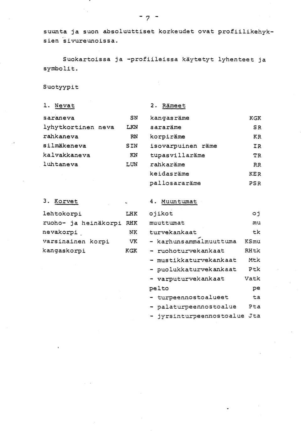 RR ke idas räme KE R pallosararäme PS R 3. Korvet.. 4. Muuntuma t lehtokorpi LHK ojikot o j ruoho- ja heinäkorpi RHK muuttumat mu nevakorpi.