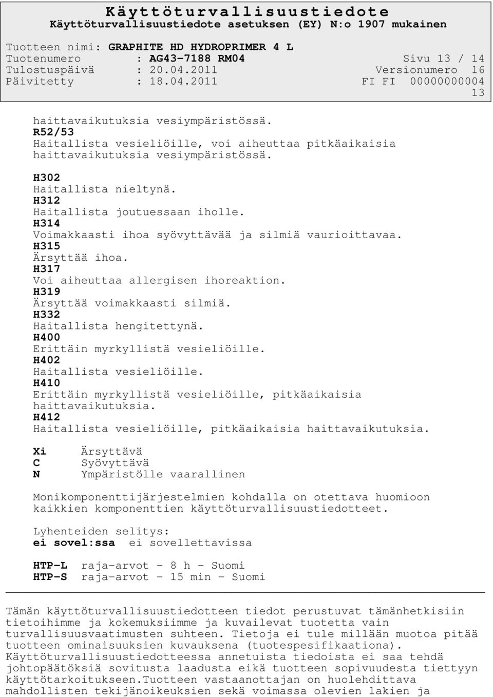 H319 Ärsyttää voimakkaasti silmiä. H332 Haitallista hengitettynä. H400 Erittäin myrkyllistä vesieliöille. H402 Haitallista vesieliöille.