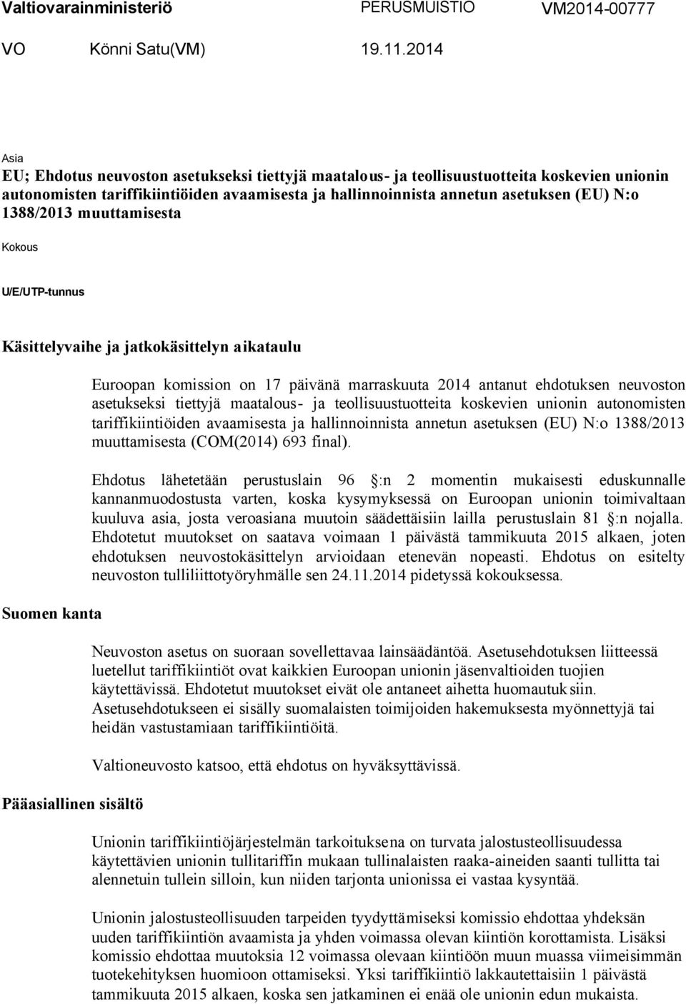 1388/2013 muuttamisesta Kokous U/E/UTP-tunnus Käsittelyvaihe ja jatkokäsittelyn aikataulu Suomen kanta Pääasiallinen sisältö Euroopan komission on 17 päivänä marraskuuta 2014 antanut ehdotuksen