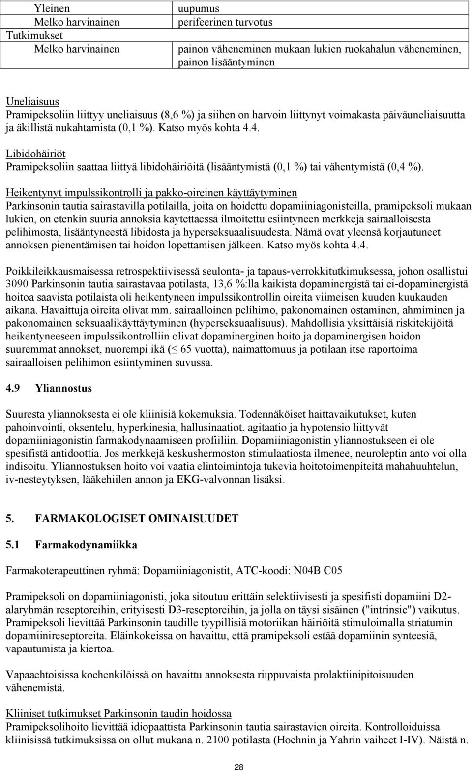 4. Libidohäiriöt Pramipeksoliin saattaa liittyä libidohäiriöitä (lisääntymistä (0,1 %) tai vähentymistä (0,4 %).