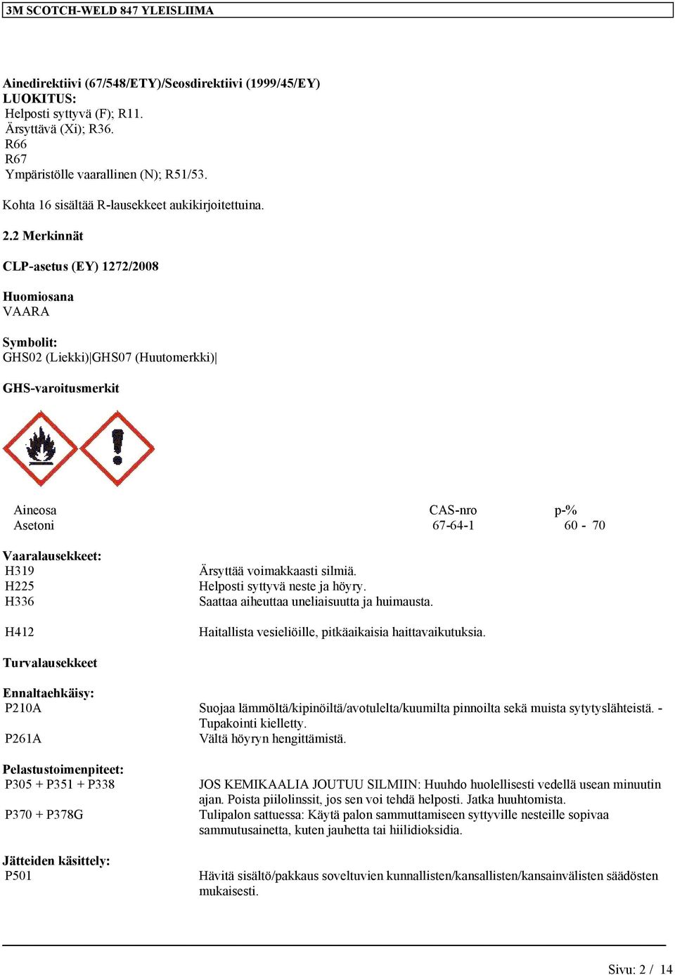 2 Merkinnät CLP-asetus (EY) 1272/2008 Huomiosana VAARA Symbolit: GHS02 (Liekki) GHS07 (Huutomerkki) GHS-varoitusmerkit Aineosa CAS-nro p-% Asetoni 67-64-1 60-70 Vaaralausekkeet: H319 H225 H336 H412