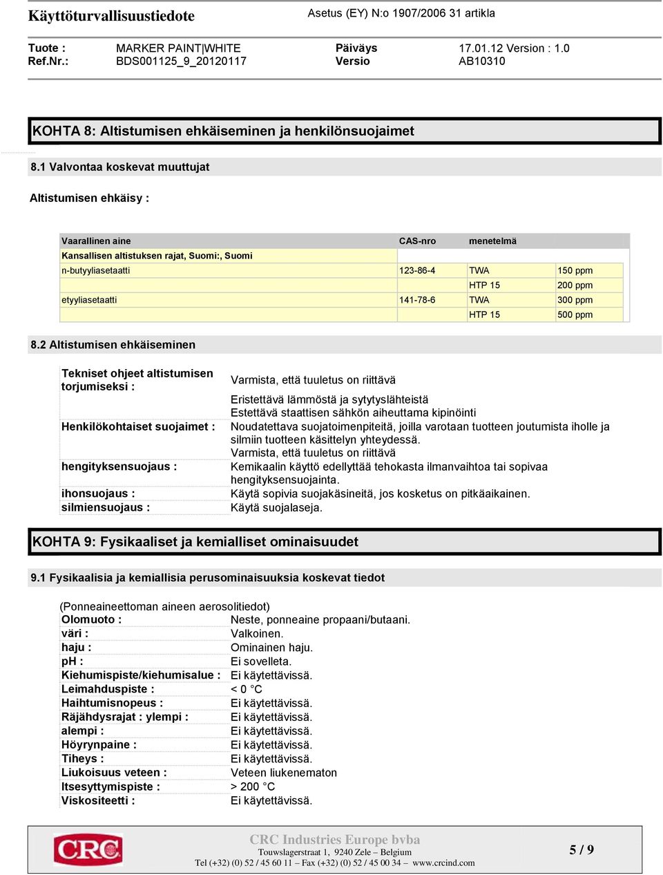 etyyliasetaatti 141-78-6 TWA 300 ppm HTP 15 500 ppm 8.