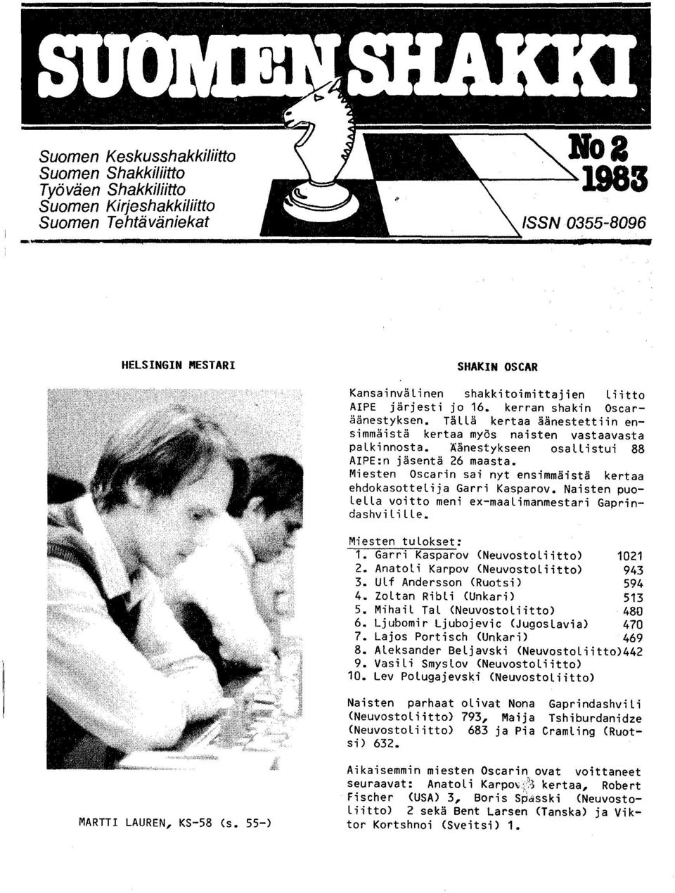 Miesten Oscarin sai nyt ensimmäistä kertaa ehdokasottelija Garri Kasparov. Naisten puolella voitto meni ex-maalimanmestari Gaprindashvil ille. Miesten tulokset: 1.