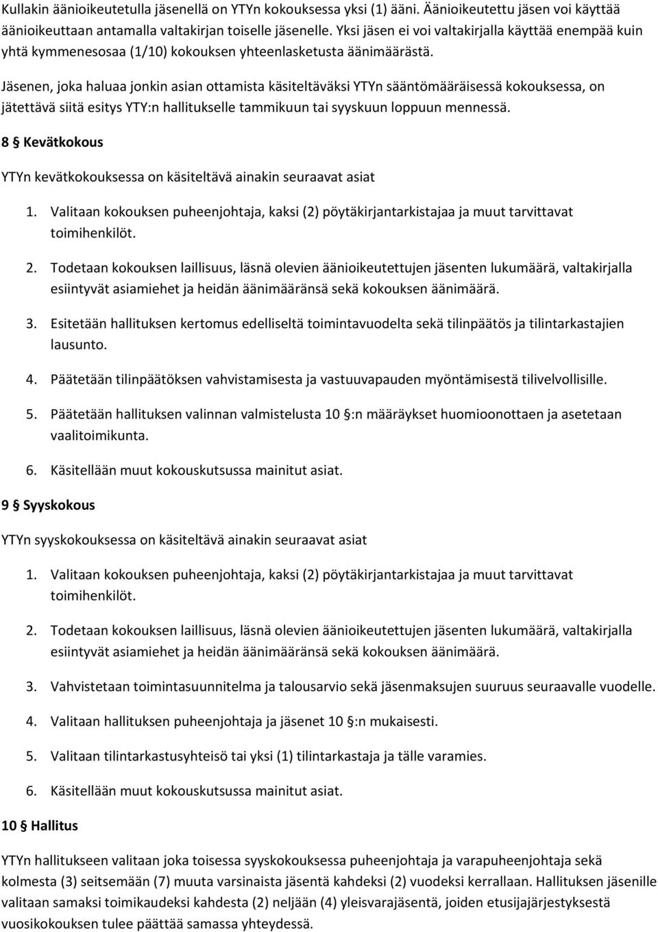 Jäsenen, joka haluaa jonkin asian ottamista käsiteltäväksi YTYn sääntömääräisessä kokouksessa, on jätettävä siitä esitys YTY:n hallitukselle tammikuun tai syyskuun loppuun mennessä.