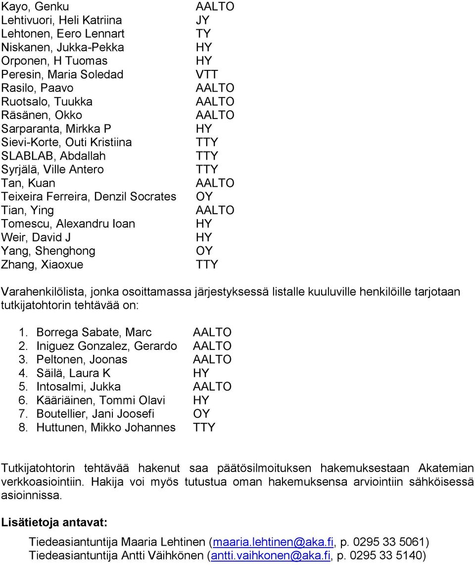 Varahenkilölista, jonka osoittamassa järjestyksessä listalle kuuluville henkilöille tarjotaan tutkijatohtorin tehtävää on: 1. Borrega Sabate, Marc 2. Iniguez Gonzalez, Gerardo 3. Peltonen, Joonas 4.