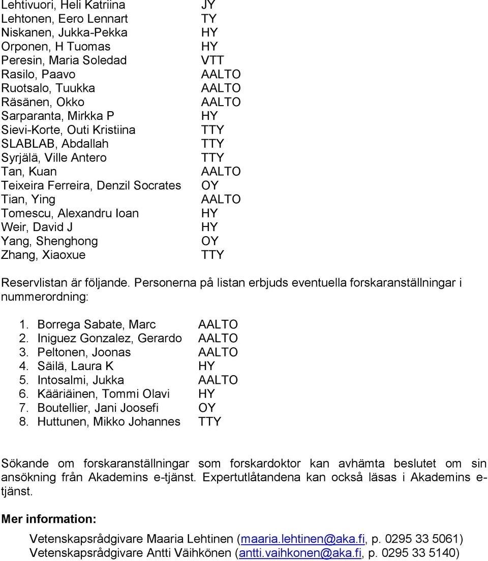 följande. Personerna på listan erbjuds eventuella forskaranställningar i nummerordning: 1. Borrega Sabate, Marc 2. Iniguez Gonzalez, Gerardo 3. Peltonen, Joonas 4. Säilä, Laura K 5.
