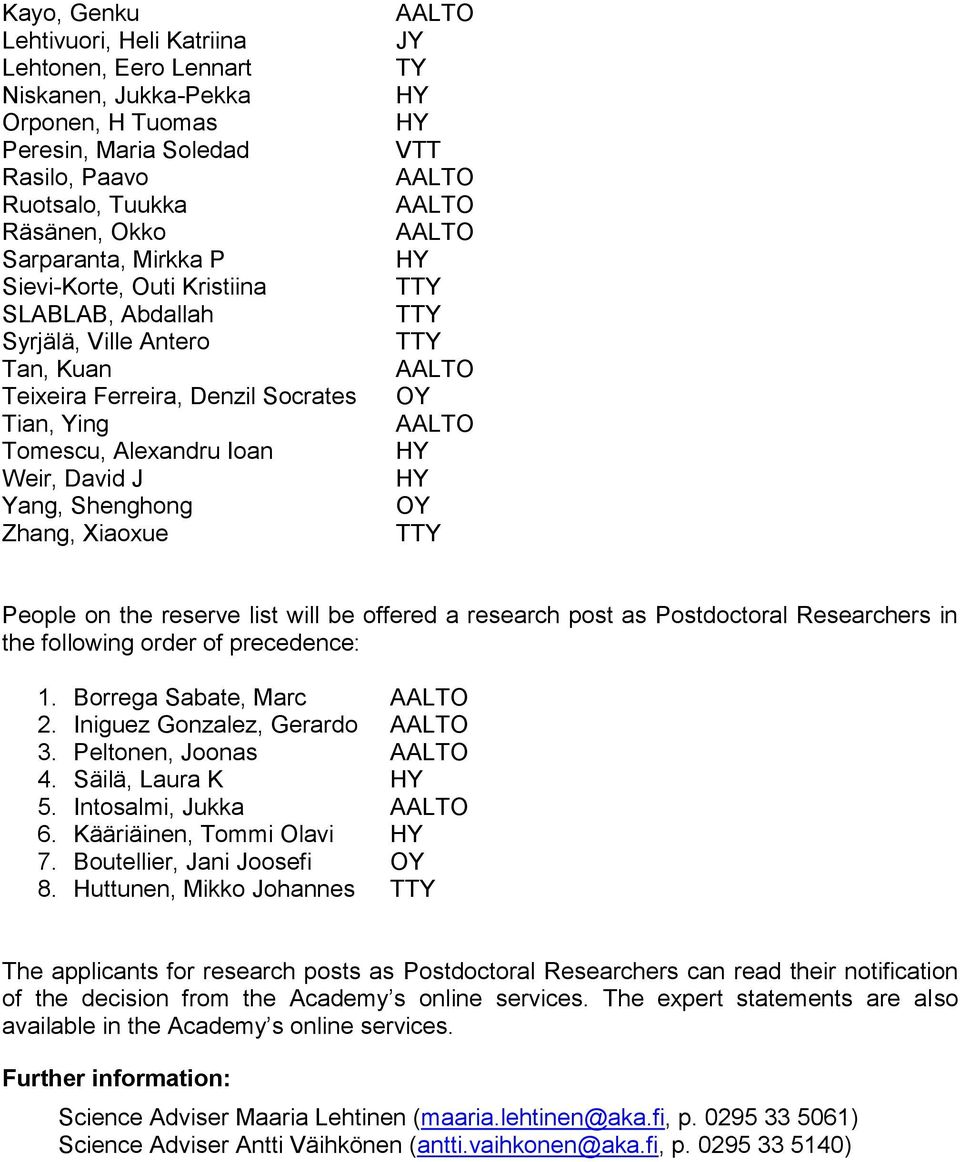 People on the reserve list will be offered a research post as Postdoctoral Researchers in the following order of precedence: 1. Borrega Sabate, Marc 2. Iniguez Gonzalez, Gerardo 3. Peltonen, Joonas 4.