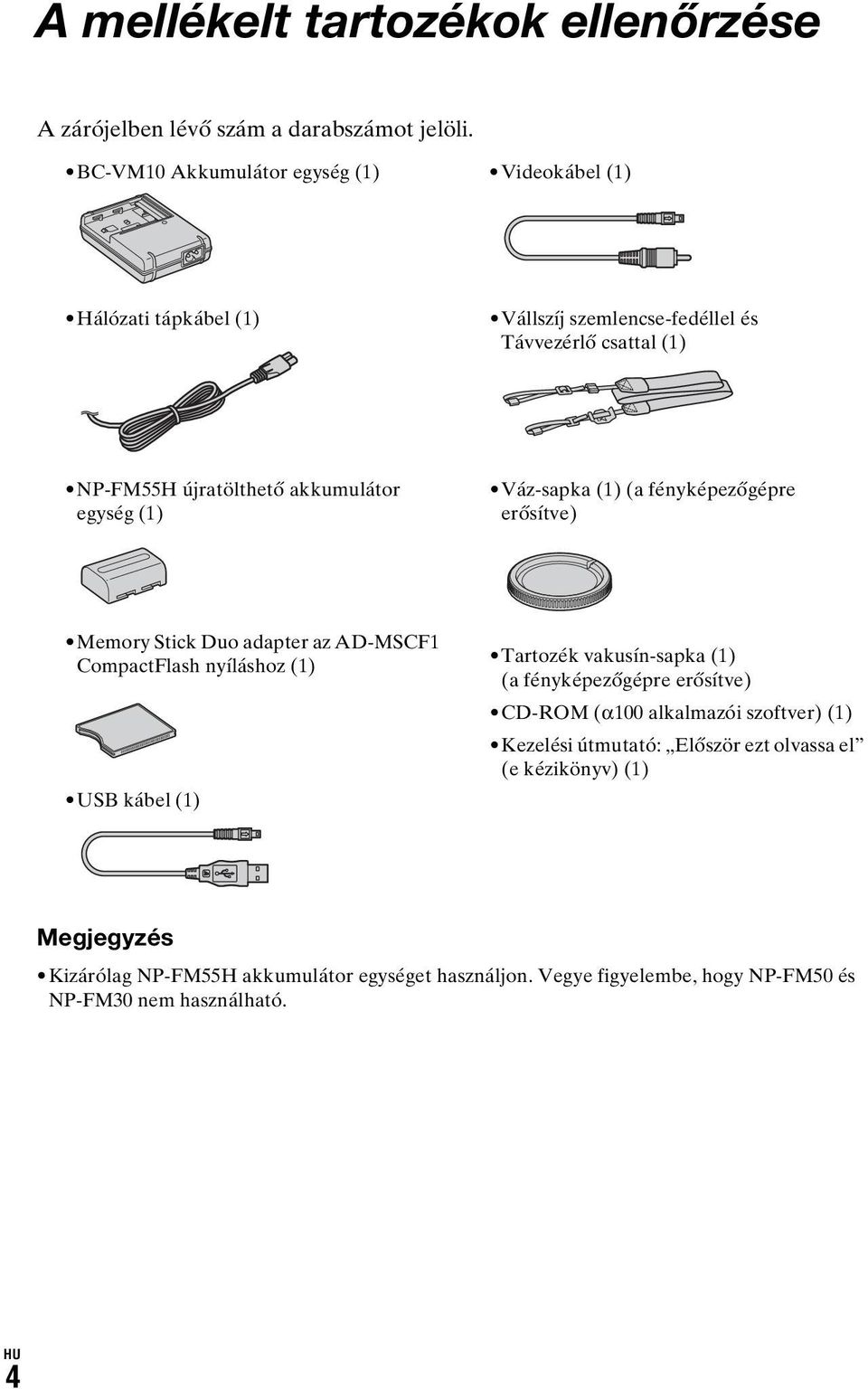 egység (1) Váz-sapka (1) (a fényképezőgépre erősítve) Memory Stick Duo adapter az AD-MSCF1 CompactFlash nyíláshoz (1) USB kábel (1) Tartozék vakusín-sapka (1) (a