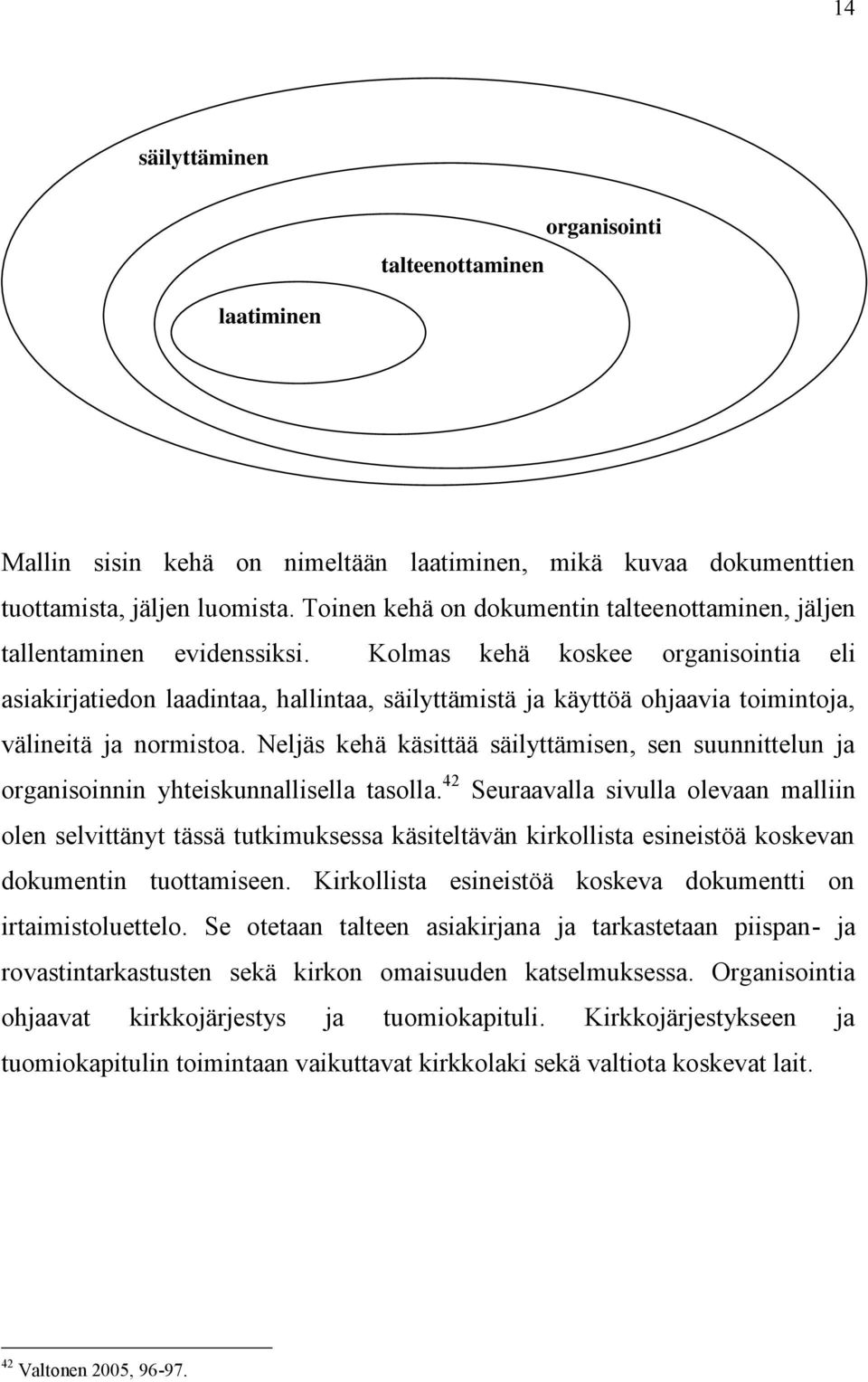 Kolmas kehä koskee organisointia eli asiakirjatiedon laadintaa, hallintaa, säilyttämistä ja käyttöä ohjaavia toimintoja, välineitä ja normistoa.