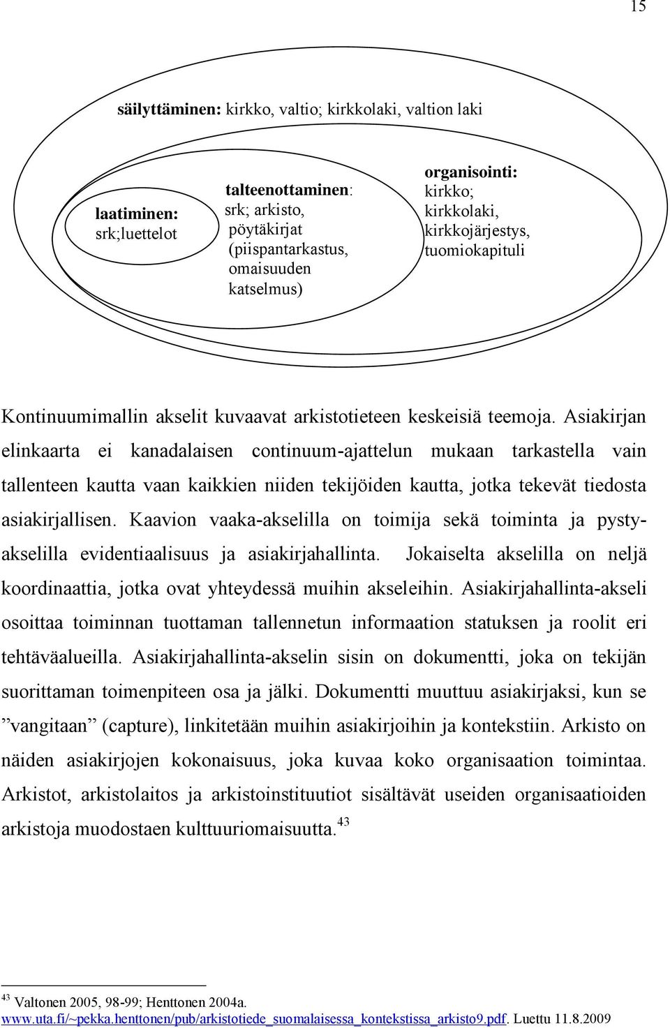 Asiakirjan elinkaarta ei kanadalaisen continuum-ajattelun mukaan tarkastella vain tallenteen kautta vaan kaikkien niiden tekijöiden kautta, jotka tekevät tiedosta asiakirjallisen.