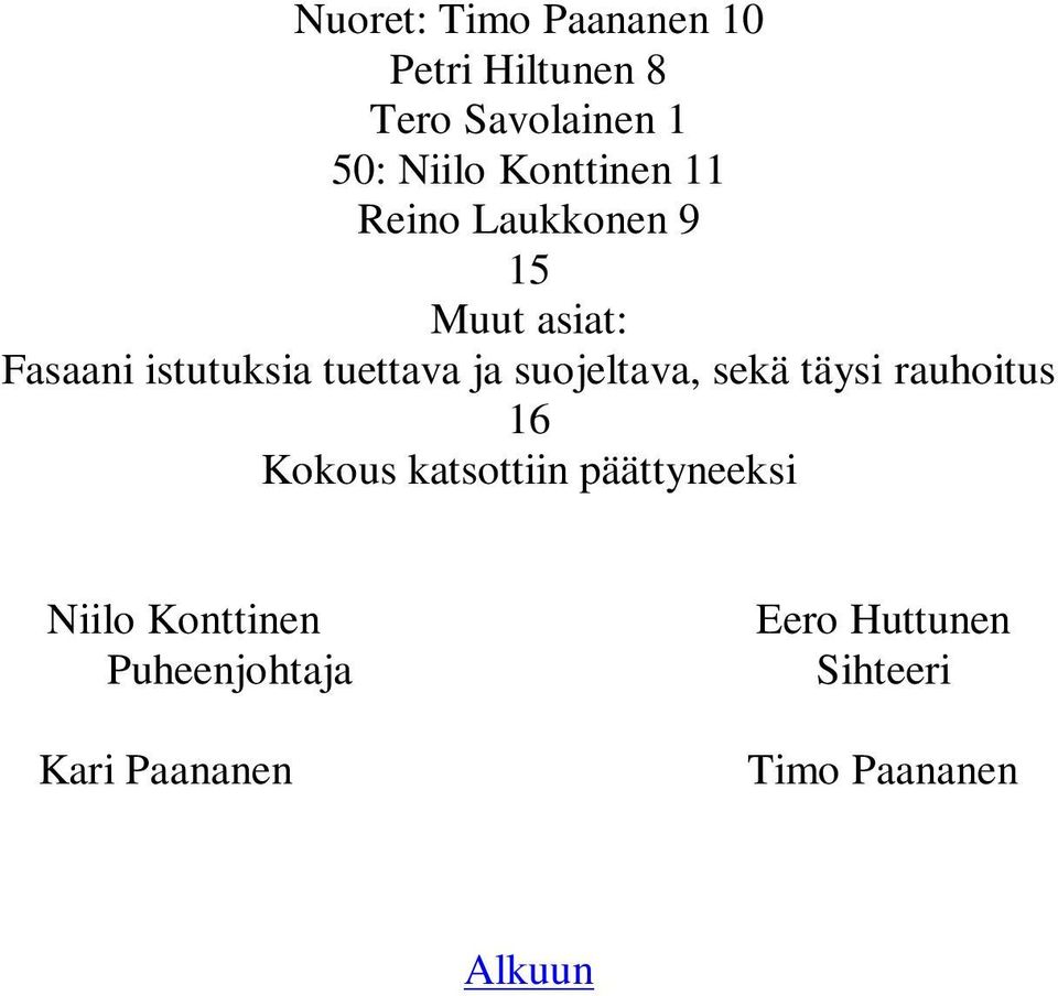 ja suojeltava, sekä täysi rauhoitus 16 Kokous katsottiin päättyneeksi Niilo