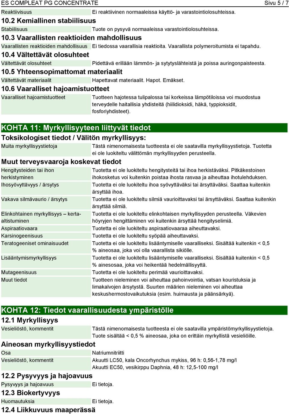 3 Vaarallisten reaktioiden mahdollisuus Vaarallisten reaktioiden mahdollisuus Ei tiedossa vaarallisia reaktioita. Vaarallista polymeroitumista ei tapahdu. 10.