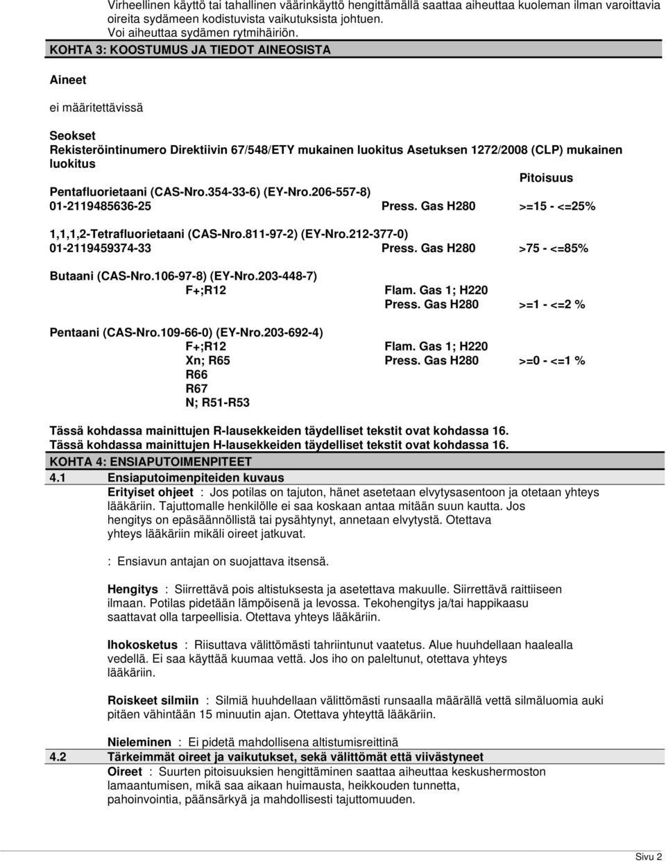 Pentafluorietaani (CAS-Nro.354-33-6) (EY-Nro.206-557-8) 01-2119485636-25 Press. Gas H280 >=15 - <=25% 1,1,1,2-Tetrafluorietaani (CAS-Nro.811-97-2) (EY-Nro.212-377-0) 01-2119459374-33 Press.